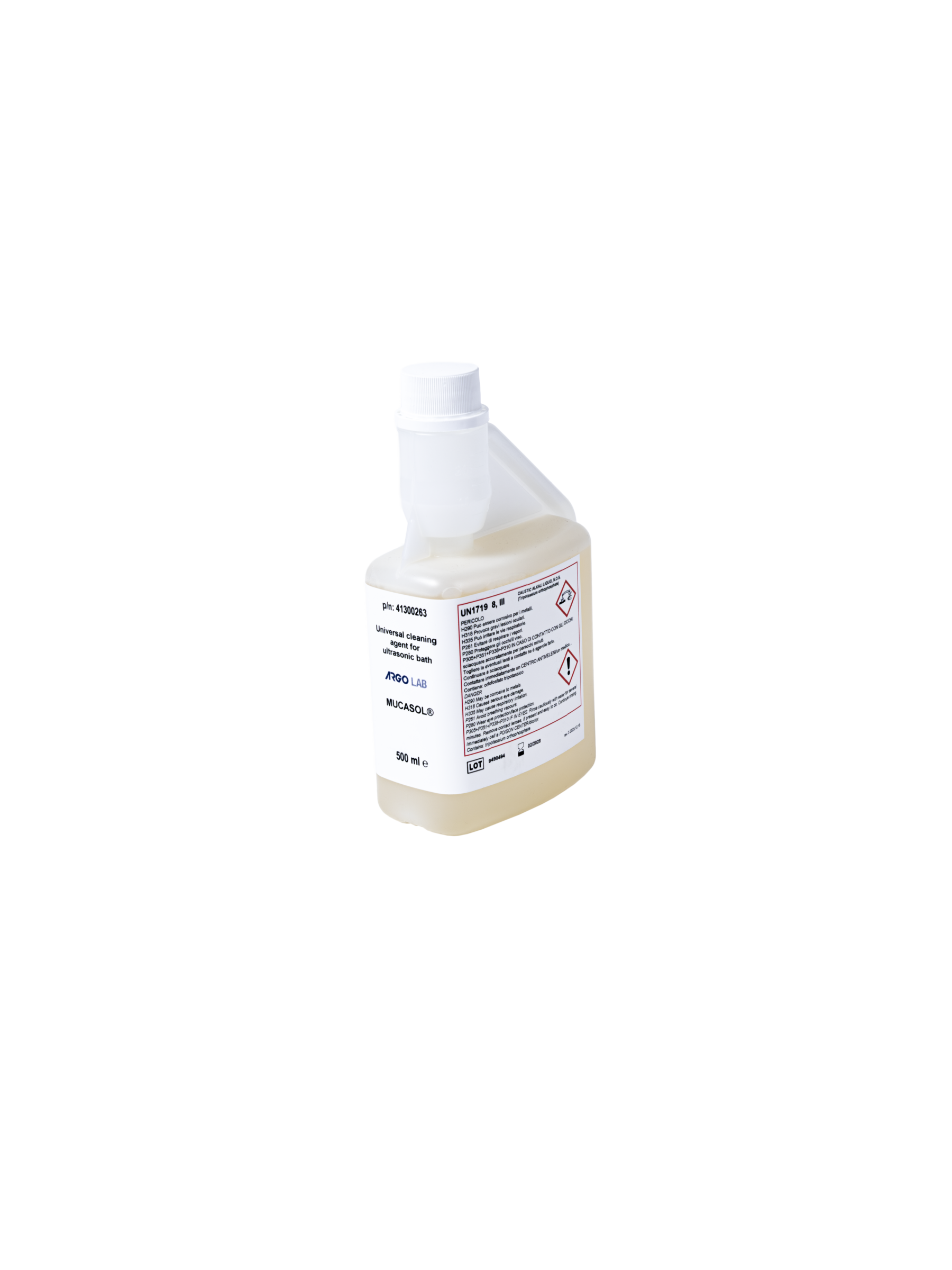 1 x 500 ml Universal cleaning Solution UN1719 LIQUIDO ALCALINO CORROSIVO N.A.S. (Tripotassio Ortofosfato), 8, III, (E)/ UN1719 CAUSTIC ALKALI LIQUID, N.O.S. (Tripotassium Orthophosphate), 8, III, (E)