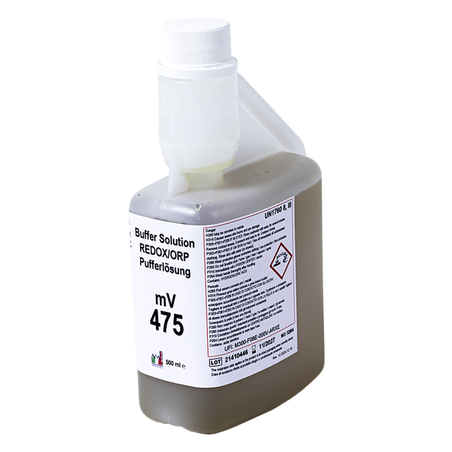 XS Basic RX +475mV /25°C, 500 ml flacone autocal Soluzione di verificaUN1760 LIQUIDO CORROSIVO, N.A.S. (acido cloridrico), 8, III, (E) / UN1760 CORROSIVE LIQUID, N.O.S. (hydrochloric acid), 8, III, (E)