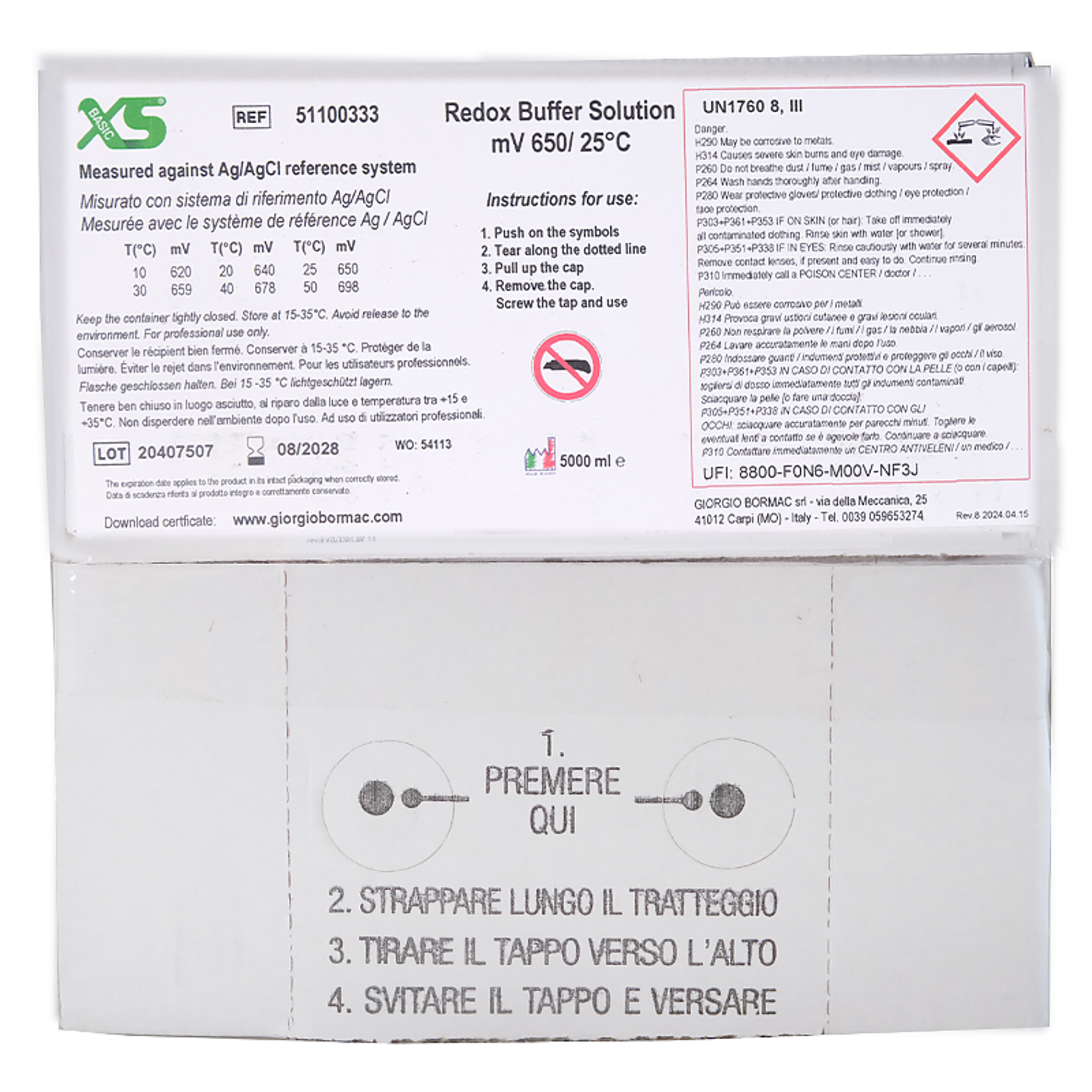 XS Basic RX +650 mV/25°C, Politainer 5 litri Soluzione di verificaUN1760 LIQUIDO CORROSIVO, N.A.S. (acido cloridrico) / UN1760 CORROSIVE LIQUID, N.O.S. (hydrochloric acid), 8, III, (E)