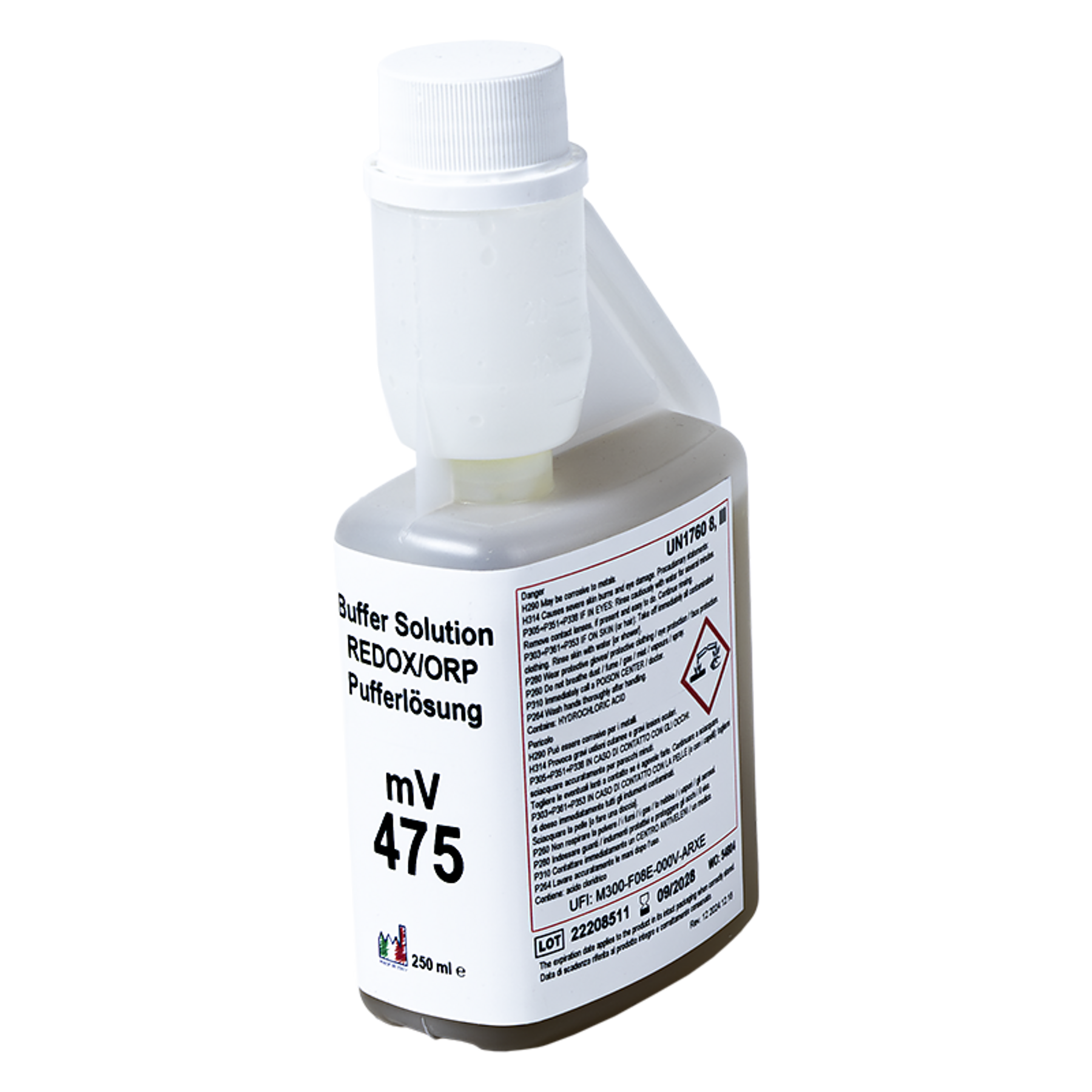 XS Basic RX +475mV /25°C, 250 ml flacone autocal Soluzione di verificaUN1760 LIQUIDO CORROSIVO, N.A.S. (acido cloridrico) / UN1760 CORROSIVE LIQUID, N.O.S. (hydrochloric acid), 8, III, (E)
